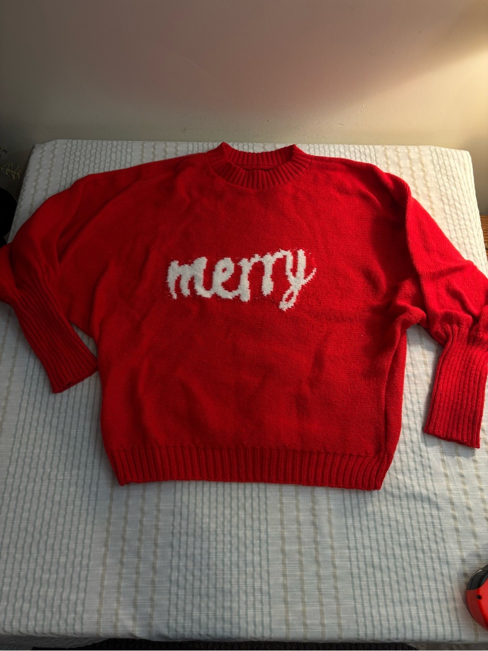 SHEIN Red Crewneck Sweater with White 'merry' Knit